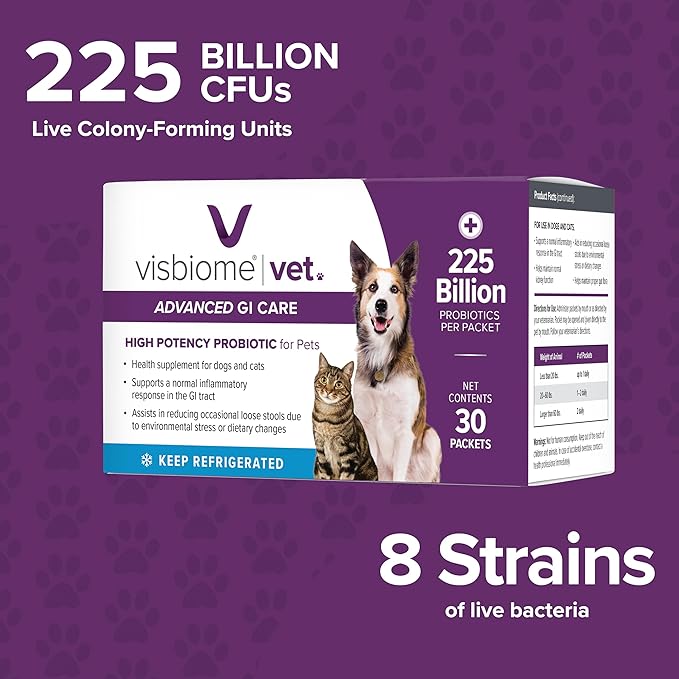 Visbiome® Vet Advanced GI Care High Potency Probiotic for Dogs & Cats – 225B CFU, 8-Strain Formula – Refrigerated, Veterinarian Recommended, Clean Label Certified – 30 Packets