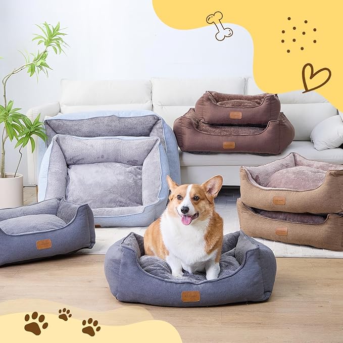 Rectangle Dog Bed for Large Medium Small Dogs Washable Pet Bed with Bolster Sides Non-Slip Bottom Pet Sofa Waterproof Lining Durable Pet Cuddler, Dark-Brown, 33x 26x 7.5