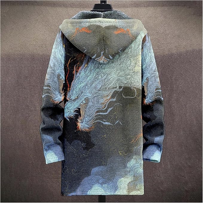 MARSVOVO Cool Hippie Long Cardigan Hoodies for Men Zipper Fleece Lined Knit Coat Skull Animal Print Graphic Jackets