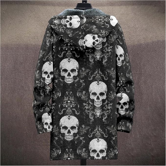 MARSVOVO Cool Hippie Long Cardigan Hoodies for Men Zipper Fleece Lined Knit Coat Skull Animal Print Graphic Jackets