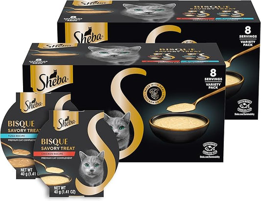Sheba Bisque Lickable Cat Treats & Cat Food Toppers, Chicken and Tuna Recipes, 1.4 oz. Bowls, 8 Count (Pack of 2)