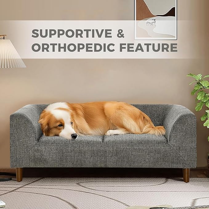 Dog Sofa Couch for Medium Dogs with Backrest and Armrest, Memory Foam Dog Sofa Bed, Modern Elevated Pet Couch Bed with Wooden Legs, Dark Grey