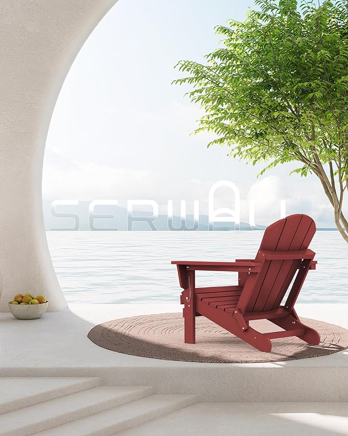 SERWALL Folding Adirondack Chair Set of 8 Weather Resistant for Patio -Red