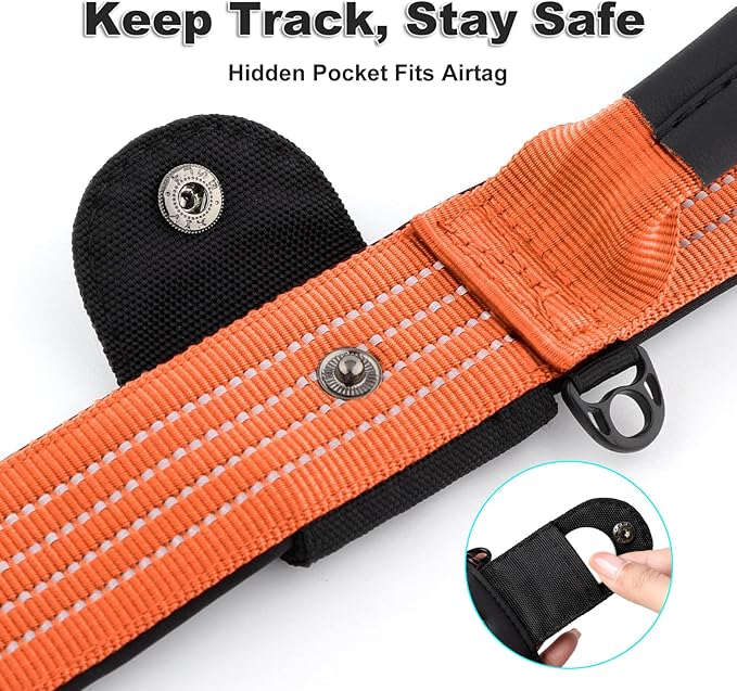Plutus Pet Tactical Dog Collar with Tracker Pocket for AirTag, Adjustable Reflective Nylon Collar, Metal Buckle, Leather-Wrapped Handle, Soft Padded for Medium Large Dogs (Orange, L)