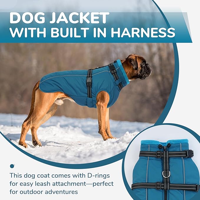 PUMYPOREITY Snow Jacket for Large Dogs Waterproof, Warm Dog Winter Coat with Harness Built in, Fleece Jacket with Back Zipper, Cold Weather Coats for Outdoor, Windproof Pet Snowsuit, Blue, 2XL