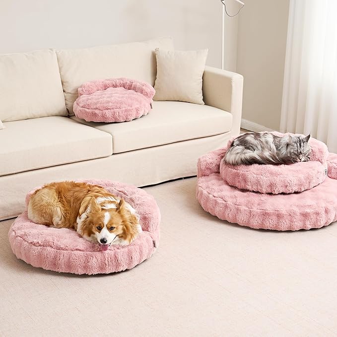 EHEYCIGA Small Dog Bed and Cat Couch for Puppy and Kitten - Fluffy Faux Rabbit Fur Pet Sofa with Washable Removable Cover, Waterproof and Non-Slip, 23 Inch Pink