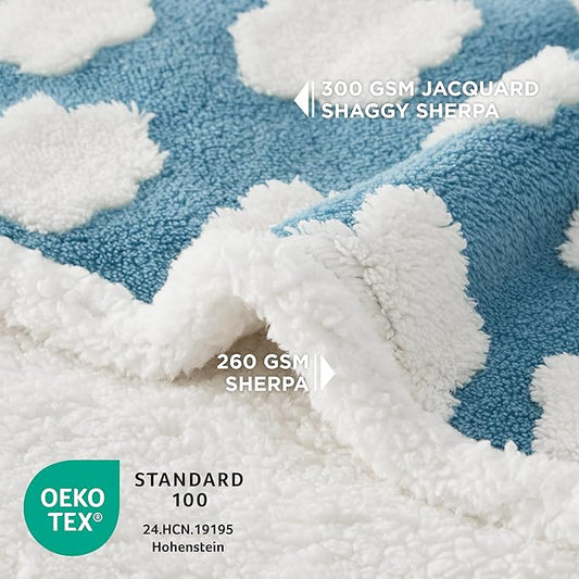 LE SURE Waterproof Dog Blanket for Large Dogs - Washable Double Sided Dog Blankets with Warm Jacquard Shag and Soft Sherpa Fleece, Pet Cat Blanket for King Bed Protection, 3D Textured Cloud, Blue