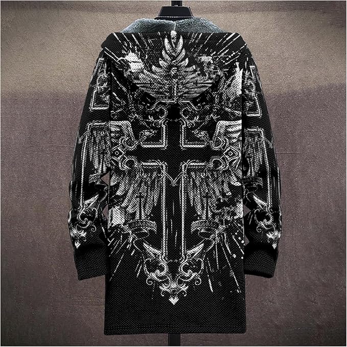 MARSVOVO Cool Hippie Long Cardigan Hoodies for Men Zipper Fleece Lined Knit Coat Skull Animal Print Graphic Jackets