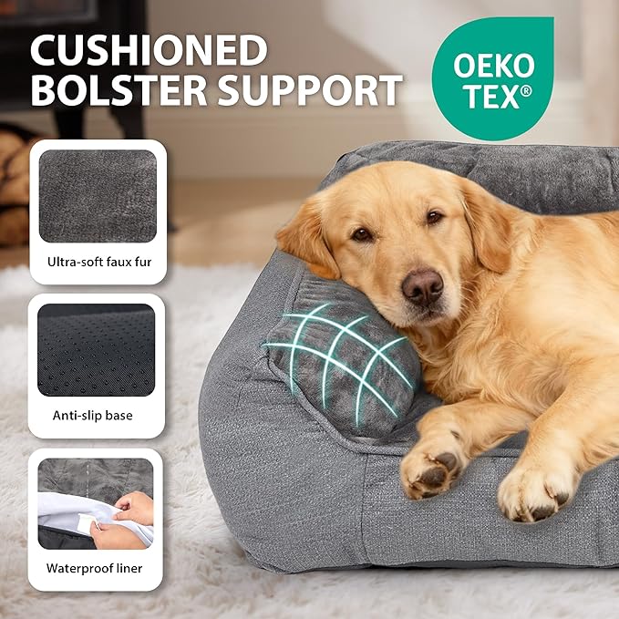 Orthopedic Dog Bed for Extra Large Dogs - Waterproof Memory Foam Dog Couch Bed with Sides, Pet Beds with Washable Cover & Non-Slip Bottom, Grey, 48x35 Inch