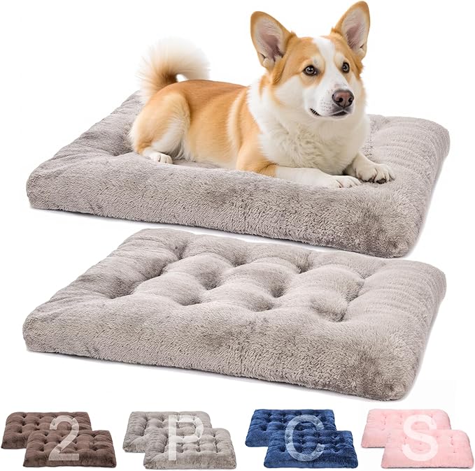 POMIU 2-Pack Washable Dog Bed, Deluxe Plush Crate Beds with Anti-Slip, Machine Washable Kennel Pad Sleeping Mat for Large, Medium and Small Dogs (2 Pack x Grey, 29.0" L x 21.0" W x 3.0" Th)