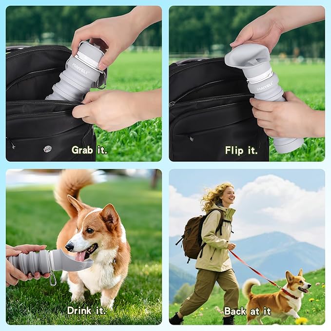 Collapsible Dog Water Bottle, Portable Pet Travel Water Dispenser with Foldable Silicone Bowl, BPA Free Food Grade, 8oz-19oz Leak-Proof Dog Drinking Bottle for Walking, Hiking, Camping (Pink)
