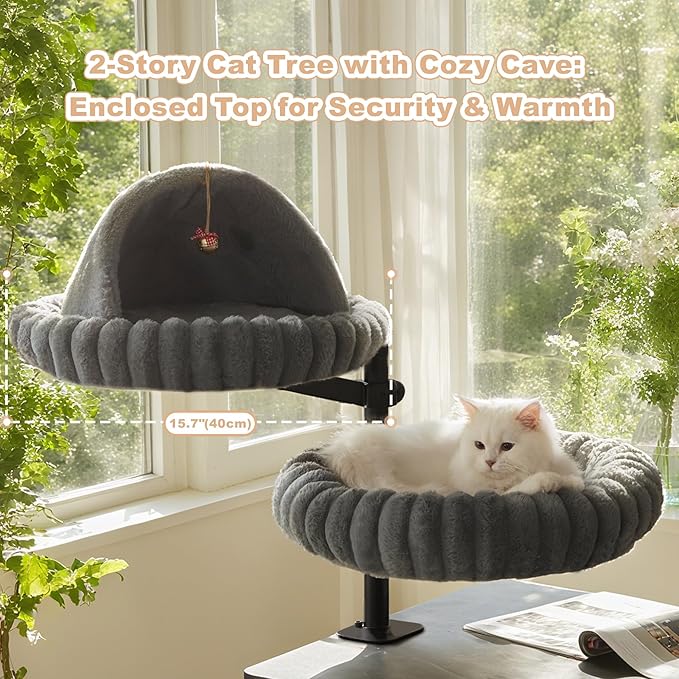 Dogpals 2-in-1 Cat Desk Bed: 360° Rotating & Height Adjustable Cat Tree with Semi-Enclosed & Open Layers, No-Drill Clamp for Desk up to 1.18" Thick, Supports 9lbs for Office