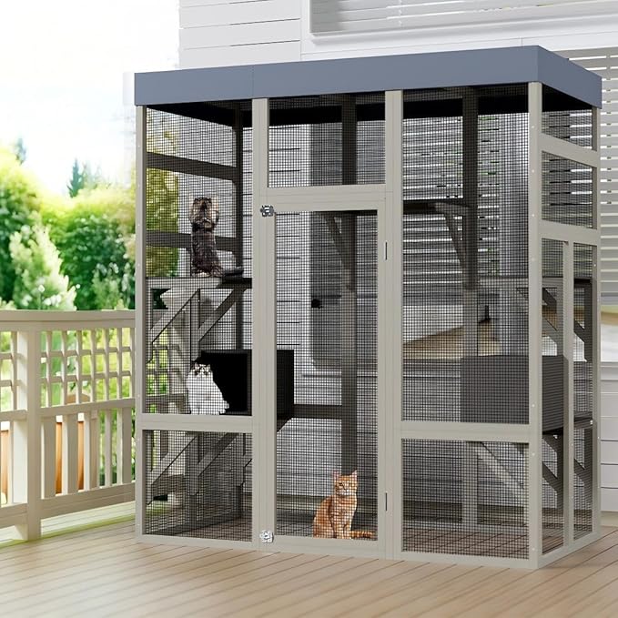 70" Large Outdoor Catio Cat Enclosure, Wood Cat Patio with Waterproof UV-Resistant Roof, Cats Shelter with 5 Platforms and 2 Resting Box, and Secure Rust-Proof Wire for Backyard or Patio