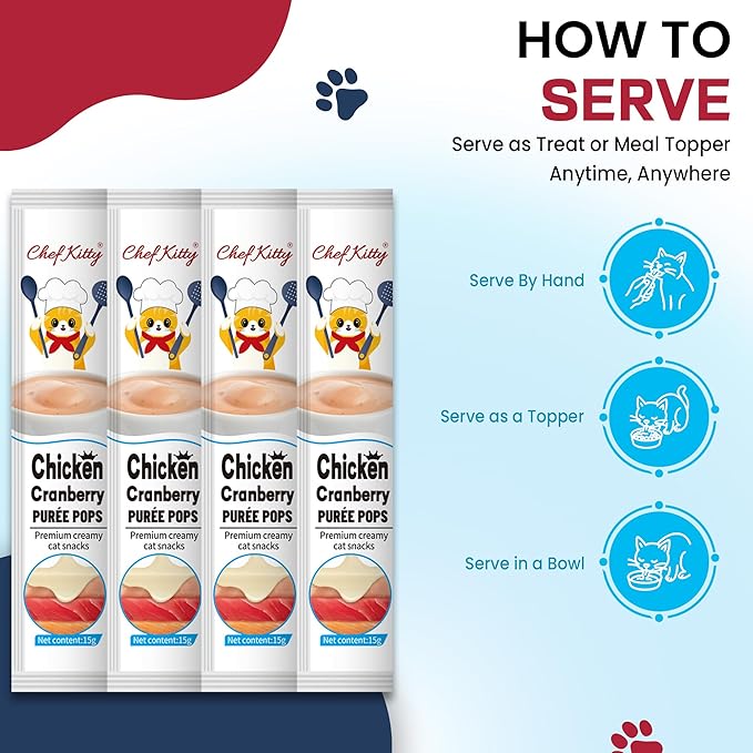 Chef Kitty Purée Pops, Cat Treats, Grain-Free, Lickable, Squeezable Creamy Cat Treat/Topper with Vitamin E & Taurine, 0.5 Ounces Each Tube, 10 Tubes, Chicken with Cranberry Recipe