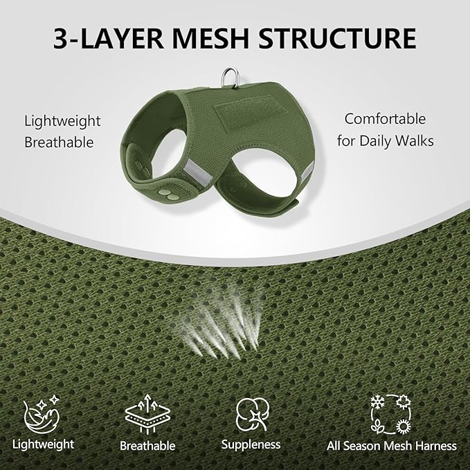 Dog Harness for Puppy – Adjustable Reflective Easy Put On Soft Mesh Vest for Small Dogs with 2 Patches (Misty Green,M)
