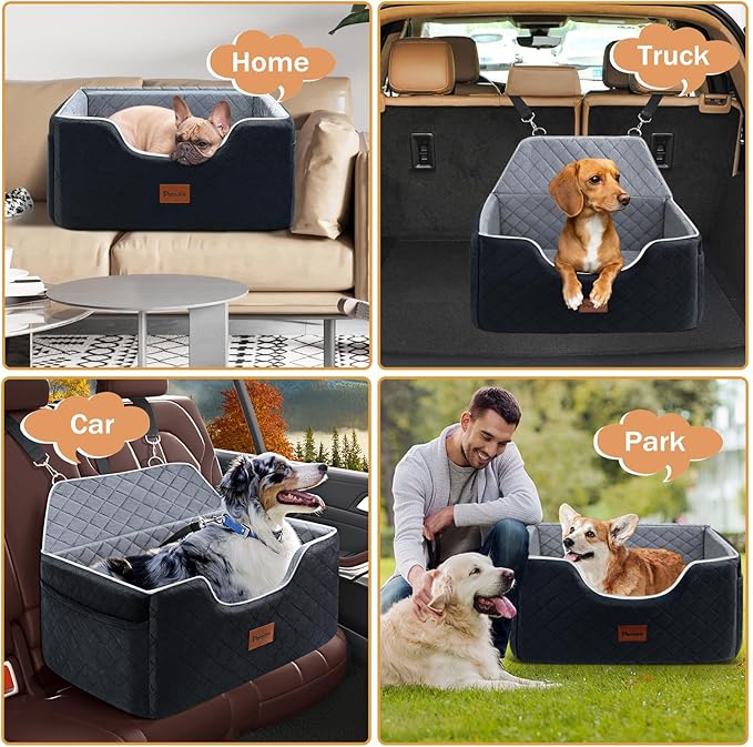 Dog Car Seat for Large Medium Size Puppy Dog,Soft Fabric Dogs Bed Filling Memory Foam,2 Clip-On Safety Leashs and 2 Pockets,Removable and Washable Comfy Pet Travel Car Seat(Black, Large)