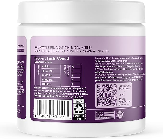 Fera Pets Dog Calming Chews - Anxiety Relief Support - Promotes Relaxation - Ashwagandha & Priome® Mental Wellbeing Postbiotic Blend - 30 Soft Chews
