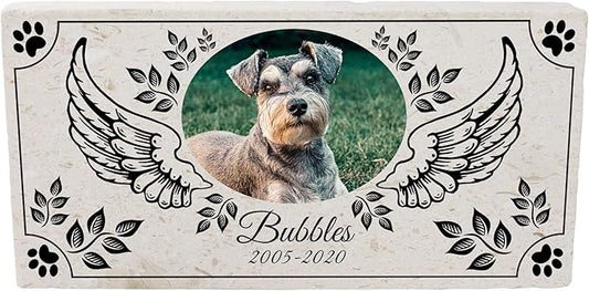 Personalized Pet Memorial with Keepsake Photo on Limestone - Headstones, Garden Stones, and Grave Markers for Dogs - Dog Memorial Stone, Pet Memorial Gifts - 12”x 6”x1.25" D (A. Bubbles Design)