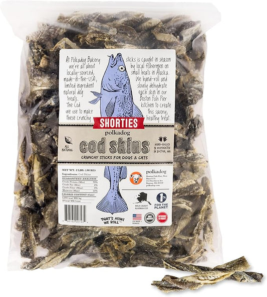 Polkadog Cod Skins for Dogs (2lb Shortie) - Single Ingredient, Wild-Caught Fish Skin Dog Treats for All Breeds – High in Lean Protein & Omega-3. Hypoallergenic, Grain Free. Handcrafted & Made in USA