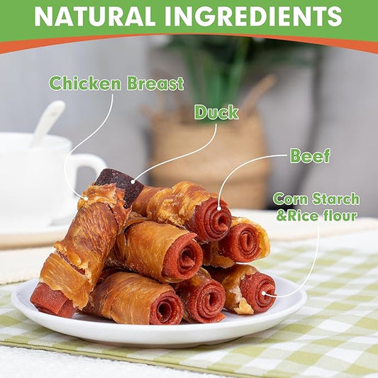 MON2SUN Rawhide Free Dog Treats, 3 Inch Triple Flavor Chicken Wrapped Duck and Beef Rolls for Small Dogs, Healthy Snacks, 13.23oz