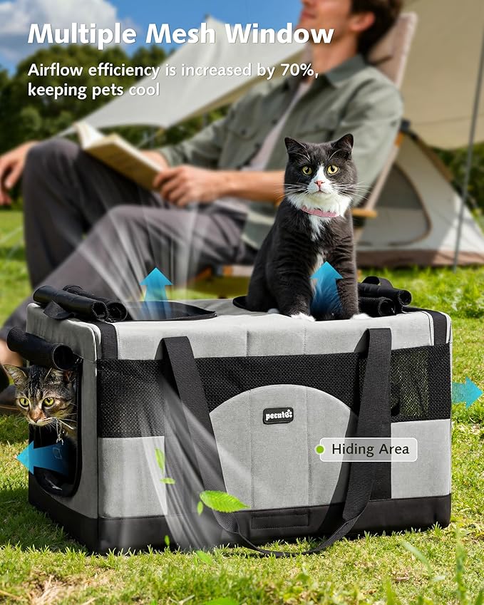 Pecute Cat Carrier for 2 Cats,Collapsible Soft Cat Carrier for Small to Medium Cat,can Hold 20lbs+ for Two Kitty Puppy,Stable and Secure Framework Design,Extra Large Dog Carrier for Travel,Gray