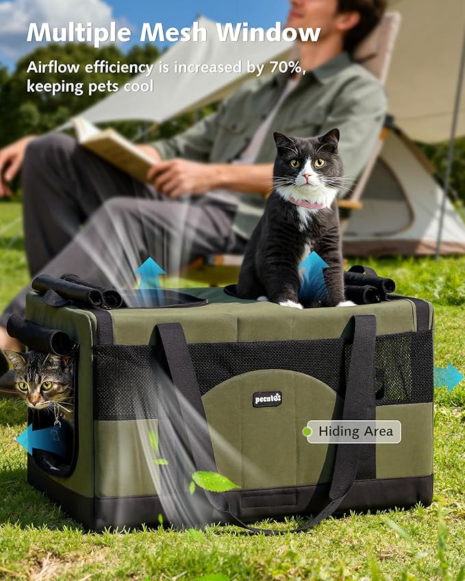 Pecute Cat Carrier for 2 Cats,Collapsible Soft Cat Carrier for Small to Medium Cat,can Hold 20lbs+ for Two Kitty Puppy,Stable and Secure Framework Design,Extra Large Dog Carrier for Travel,Green