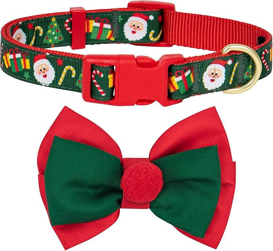 azuza Christmas Dog Collar Santa Print Xmas Pet Collar with Removable Red and Green Bowtie, Adjustable Dog Collar Accessories for Small Dogs