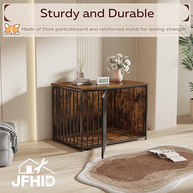 Dog Crate Furniture for Large and Medium Dogs, 42 Inch Wooden & Steel Decorative Indoor Kennel, Pet Cage End Table for Home, Escape-Proof & Chew-Proof, Rustic Brown
