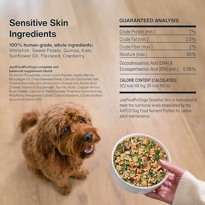 JustFoodForDogs Sensitive Skin Dog Food, Frozen Fresh Pet Meals and Toppers for Skin and Coat, Human Grade, Fortified with Omega 3, Highly Digestible, White Fish - 18-oz, 14 Pack