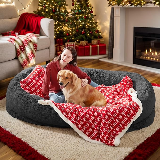 Human & Pet Bed, 71'x45'x12' - Washable Faux Fur Orthopedic Dog Bed, Plump Pillow & Blanket - Dark Grey