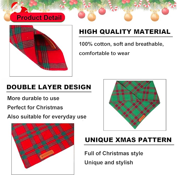 ADOGGYGO Christmas Dog Bandanas 2 Pack, Red Green Plaid Pet Xmas Scarf Bib, Multiple Sizes, Christmas Bandanas for Medium Large Dogs (Large)