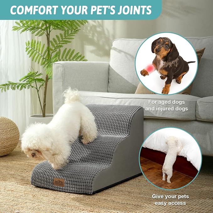 Dog Stairs for Small Dogs 15.7" H, Curved Dog Step for Puppy, Older Cat, Medium Pet Ramp for Sofa, Couch or Chair, Ladder with High Density Foam, 3 Step, 15.7x22.4x15.7 inch, Dark Grey