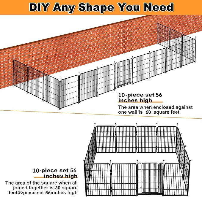 56in(H) Garden Fence, 10 Panels Total 22.1 Ft(L), Garden Fence with Low Threshold Gate, Anti Dig Fence Barrier, Fencing for Garden Beds, Black Metal Decorative Garden Fencing