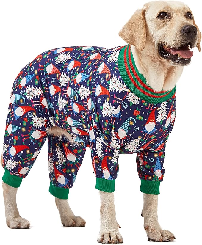 LovinPet Large Dog Christmas Pajamas - Christmas Outfit Xmas Holiday Costume for Dogs, Lightweight Pullover, A Gnome to FA La Navy Prints Large Dog PJ's Pitbull Clothes, L