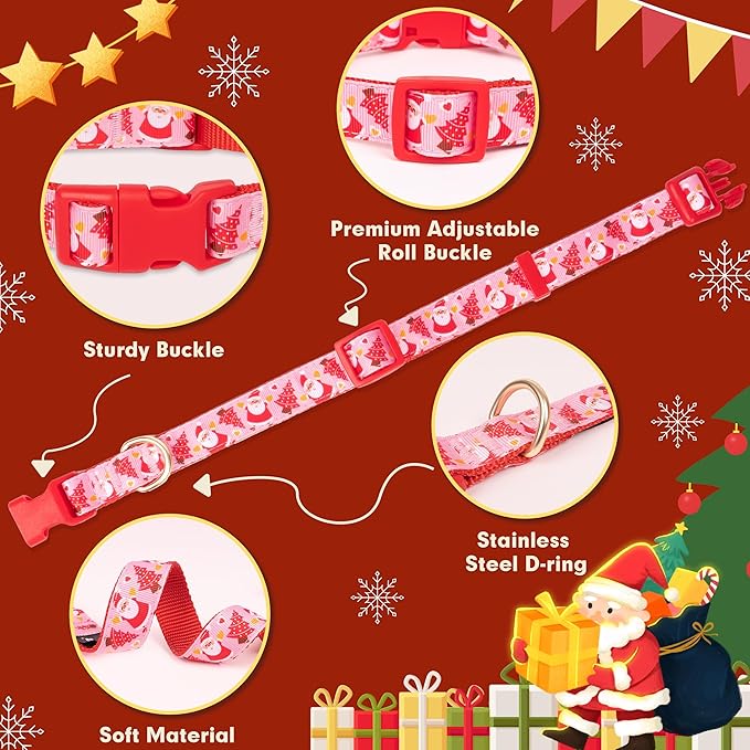 azuza Christmas Dog Collar Santa Print Xmas Dog Collars with Removable Red and Pink Bowtie, Adjustable Dog Collar Accessories for Large Dogs