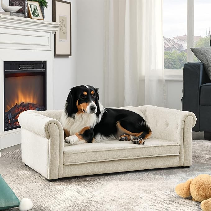 GDFStudio Modern Linen Dog Sofa for Small and Medium Dogs Elevated Pet Bed with Armrests and Backrest Durable and Comfortable Upholstered Pet Furniture, Beige