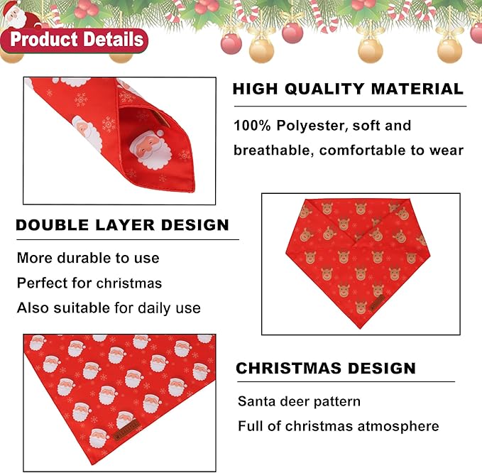 ADOGGYGO Red Christmas Dog Bandanas, Santa Reindeer Print Pet Scarf, Premium Durable Fabric, Red Christmas Bandanas for Medium Large Dogs (Large)