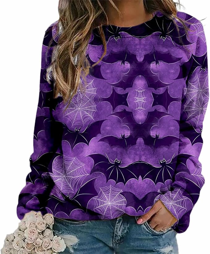MARSVOVO Fall Sweatshirt for Women Novelty Spider Web Shirt Dressy Casual Crewneck Tunic Tops Spring Graphic Pullover