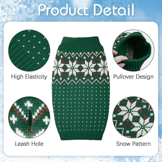 Kuoser Dog Christmas Sweater, Soft Warm Xmas Sweaters for Small Medium Large Dogs Boy Girl, Comfortable Dog Sweater with Leash Hole Snowflake Puppy Knit Outfit for Holiday Winter Fall, Green L