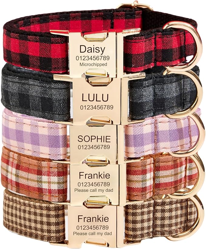 Custom Engraved Dog Collar with Name and Phone Number, Personalized for Small, Medium, and Large Dogs (Plaid)