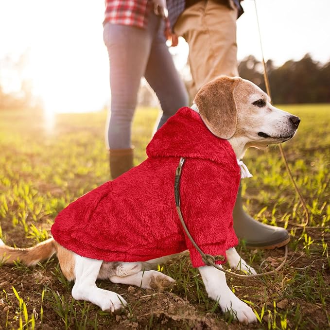 Dog Sweater,Dog Hoodies,Warm Fuzzy Fleece Sweatshirt with Hood & Pocket,Leash Hole,Cozy Cold Weather Pet Clothes Sweater for Small,Medium,and Large Dogs(Red,L)