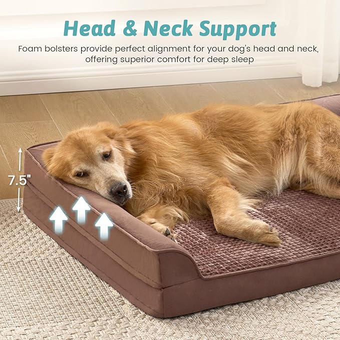 Orthopedic Dog Bed for Extra Large Dog, Giant Pet Sofa, Foam Bolster Couch with Waterproof Lining Cover, Anti-Slip, Washable, L-Shaped, XXL 48x35x8 inch, Brown