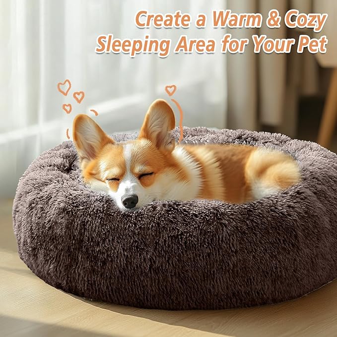 JOLLYVOGUE Small Dog & Cat Beds for Indoor Cats, Donut Cuddler Warming Soft Dog Beds with Anti-Slip Bottom, Round Calming Fluffy Plush Faux Fur Cushion Bed for Small Dogs (23")