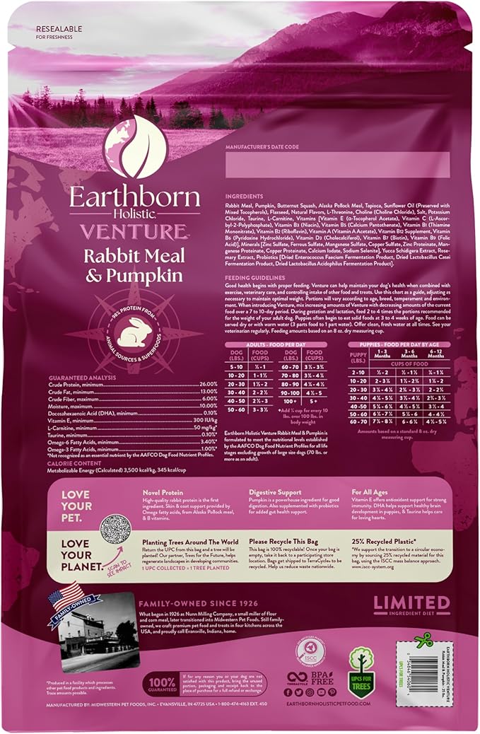 Earthborn Holistic Venture Rabbit Meal & Pumpkin 25 lb. Limited Ingredient Grain-Free Dry Dog Food