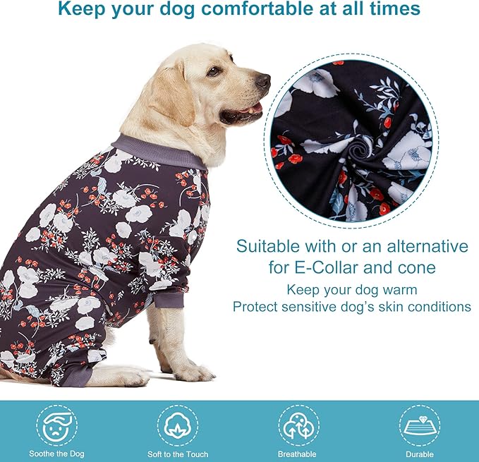LovinPet Medium/Big Breeds Large Dog Pajamas, Anti Licking, Wound Care/Post Surgery Dogs Pajamas, Lightweight Stretchy Fabric, Beautiful Bouquets Black Print Large Dog Onesies, Pet PJ's/Medium