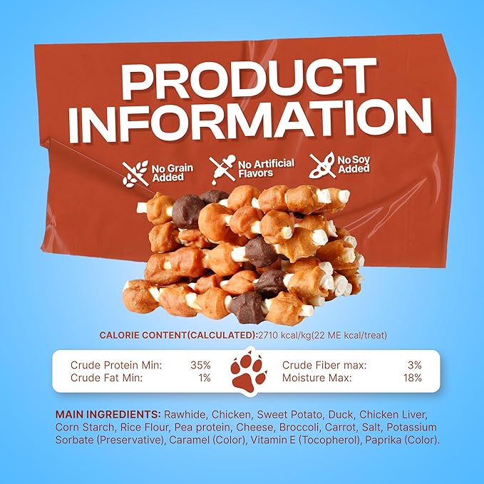 PETPHABET Dog Kabobs Rawhide Treats - 5 Flavors Training Snacks, Healthy Puppy Chews for Small Medium Large Breeds, Made with Chicken, Sweet Potato, Duck, Cheese & Hide Sticks 14oz, 18 Count