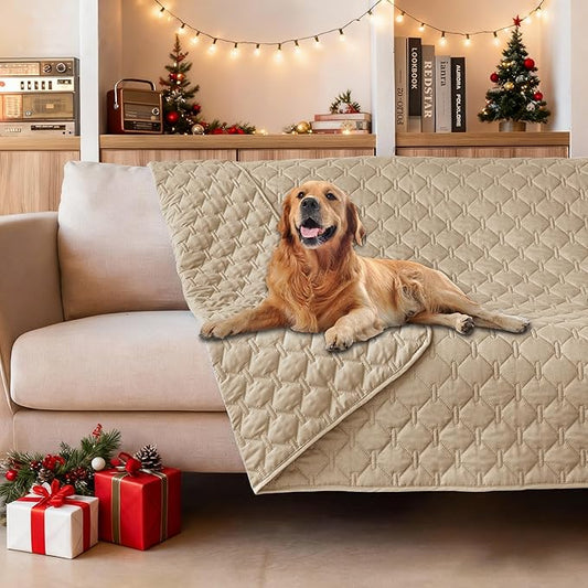 gogobunny 3X Stronger Waterproof Pet Blanket, Scratch Proof Furniture Protector for Dogs Cats, Reversible Cover 52x82 Inch, Dark Beige