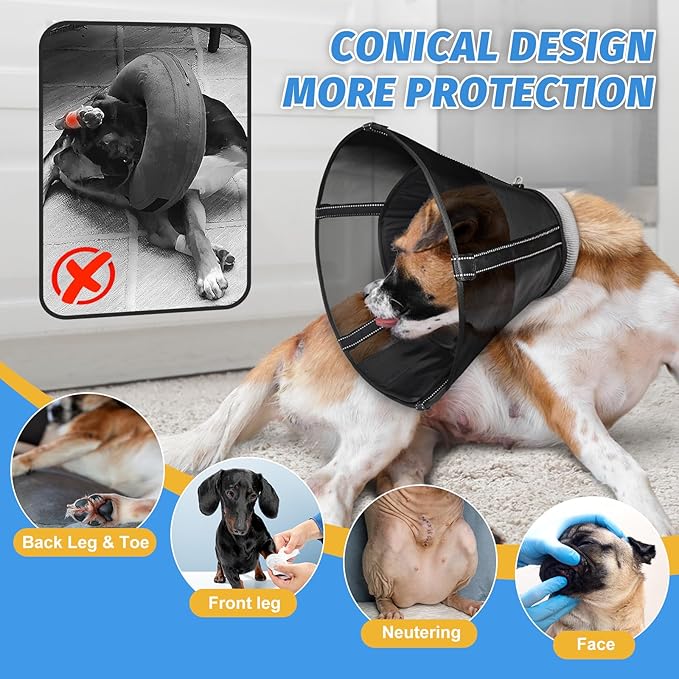 Dog Cone Collar to Stop Licking: Soft Mesh Recovery Collar After Surgery with Detachable Pad, Elizabeth Cone Alternative for Large Medium, Small Dogs, Normal Eating and Drinking (M, Black Mesh)