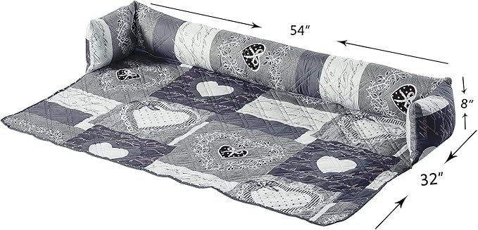 Brilliant Sunshine Quilted Calming Dog Bed Mat, Removable Washable Cover, Cushion Protector and Couch Covers for Dogs, Pets, Cats, Extra Large, Grey Heart Love Patchwork