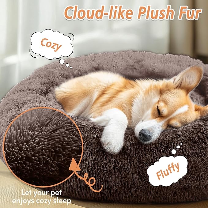 JOLLYVOGUE Small Dog & Cat Beds for Indoor Cats, Donut Cuddler Warming Soft Dog Beds with Anti-Slip Bottom, Round Calming Fluffy Plush Faux Fur Cushion Bed for Small Dogs (23")
